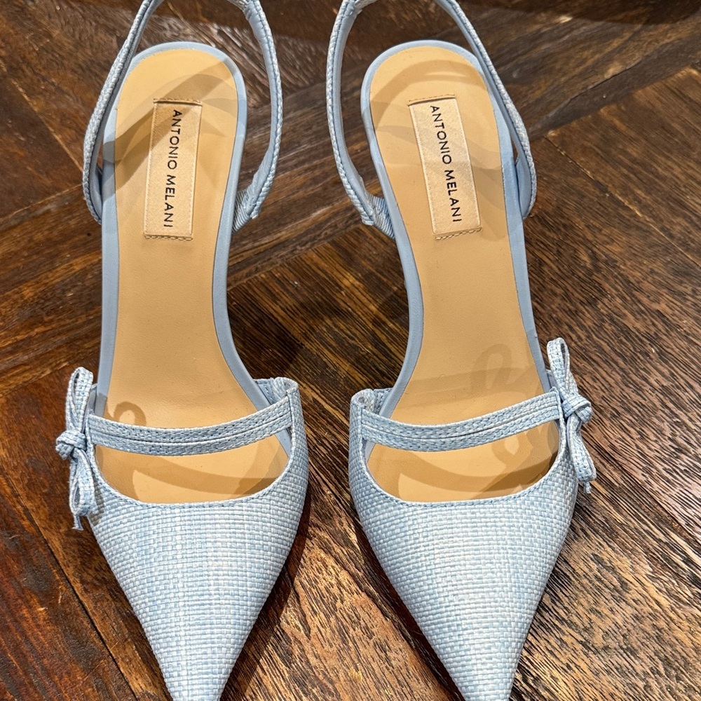 NEW! Sergio Rossi Light Baby/Periwinkle Blue Texture Slingback Heels - Bow Detai - Picture 2 of 7